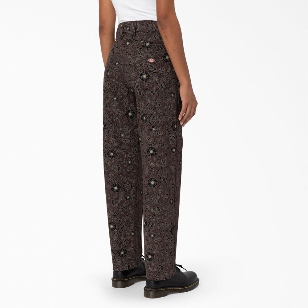 NWT DICKIES Ellis Pants with Floral All Over Print Dark Brown Canvas
